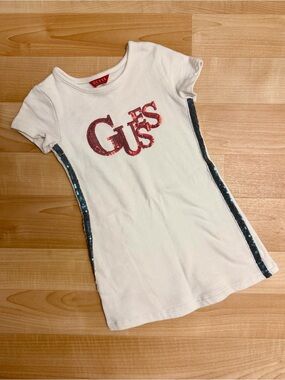 Guess Girls Sequin Logo Tee Dress Size 4 White Sparkle Side Stripe